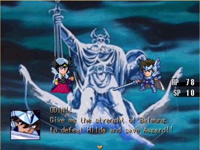 Seiya diante da estátua de Odin, com Hilda de Polaris