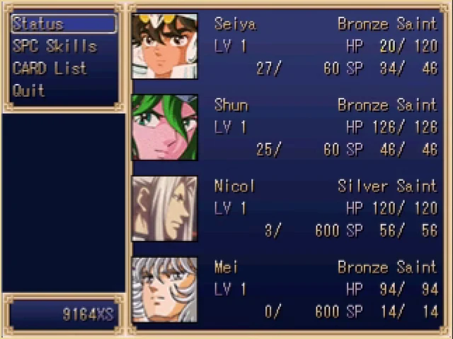 Tela de status com Seiya, Shun, Nicol e Mei